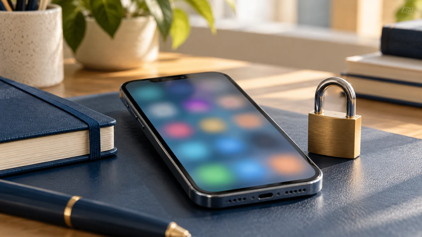 Smartphone and padlock on a study desk