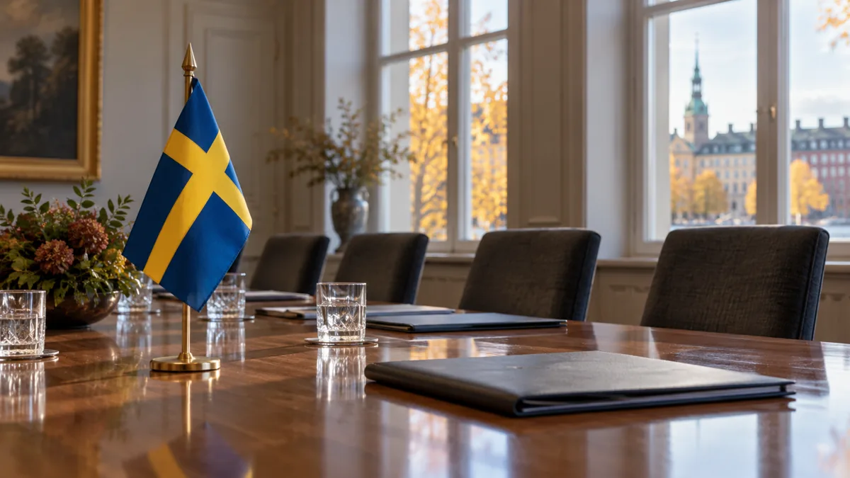 Swedish flag and closed folders on a meeting table with empty chairs