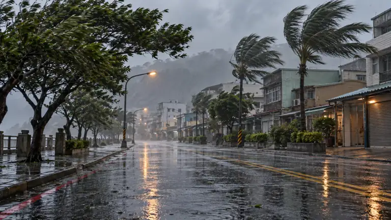 Empty urban street in heavy rain with trees bending in the wind