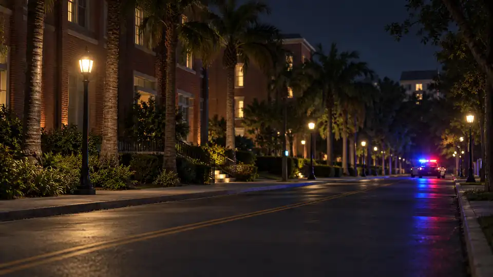 Quiet palm-lined street at night with a police patrol car’s lights visible in the distance