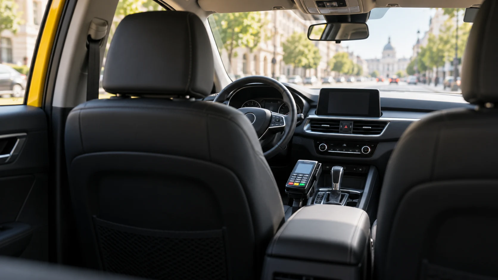 Interior of an empty taxi with a payment terminal