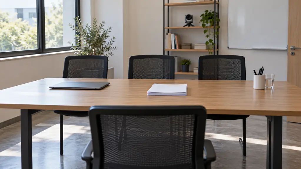 Empty interview room with a table, chairs and a closed laptop