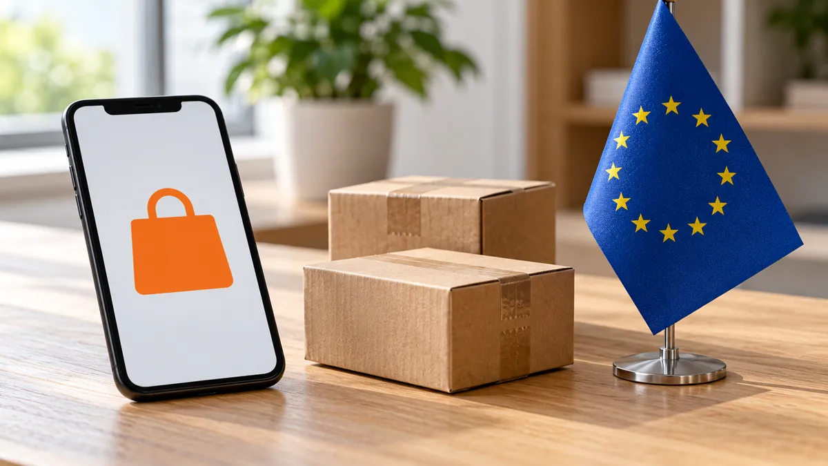 Phone with shopping icon, parcels and a small European Union flag