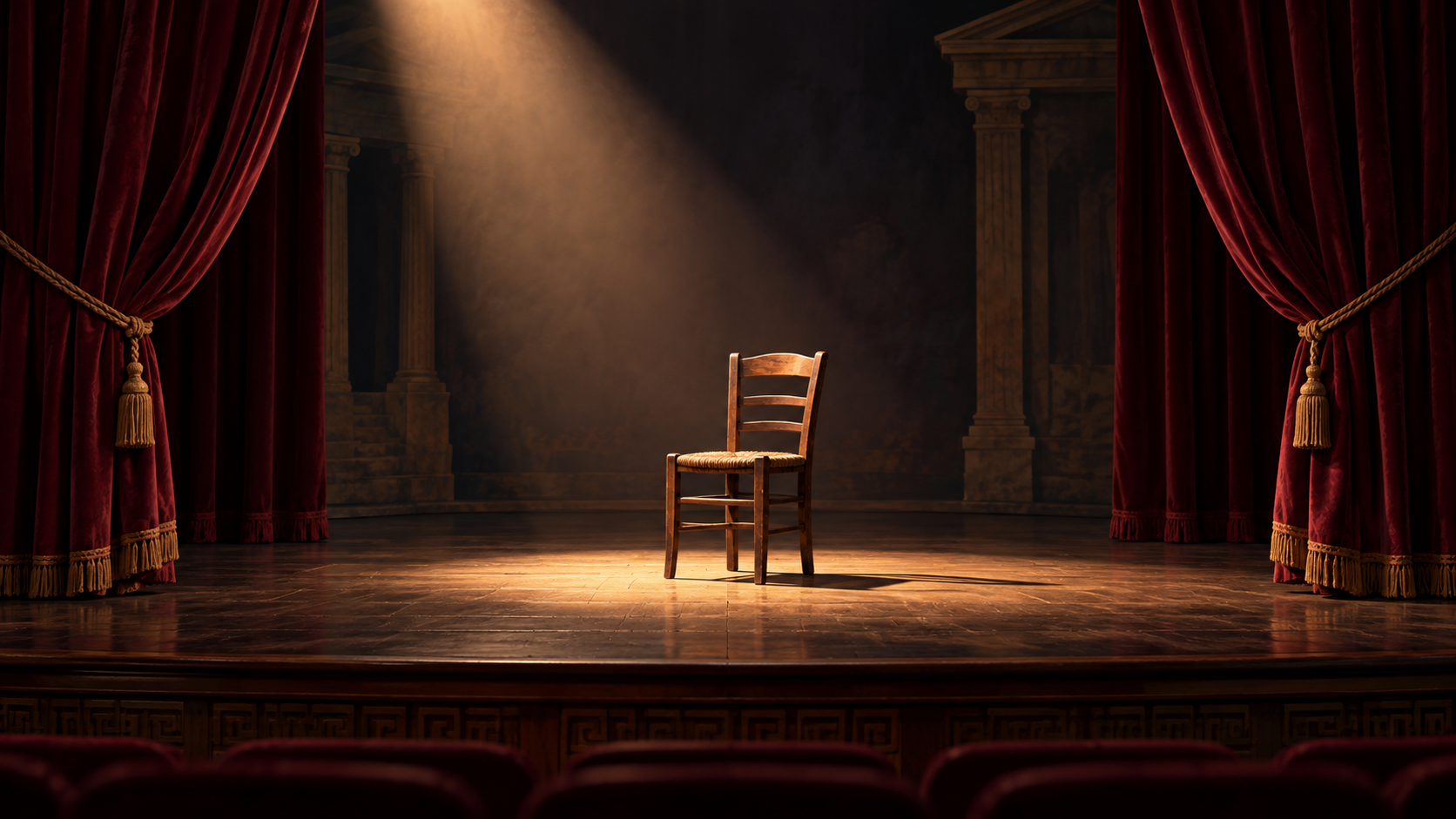 Empty theatre stage with one chair in soft light and burgundy curtains