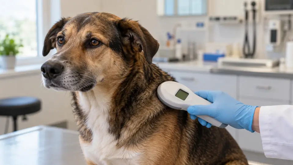 A gloved veterinary hand checks a calm dog’s identification with a scanner