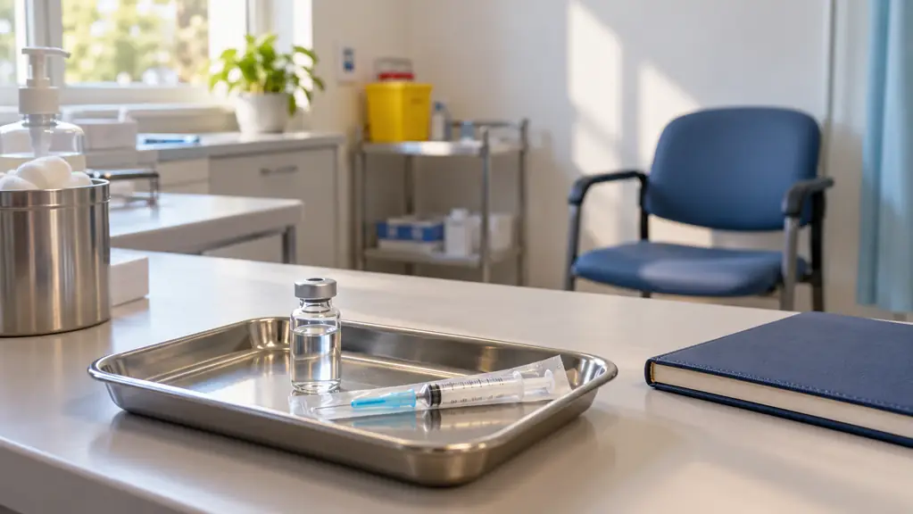 Tray with a capped syringe and vial in an empty consultation room
