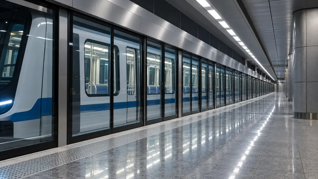 Empty underground railway platform with closed platform screen doors
