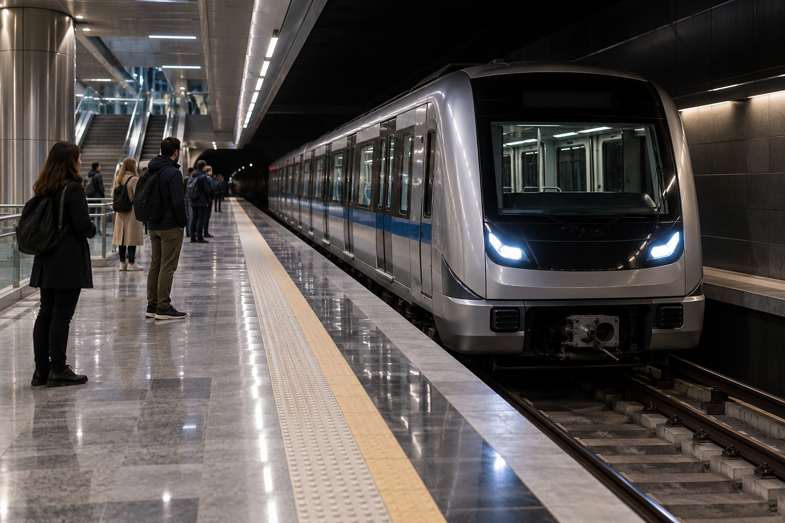 Metro train beside an underground platform with waiting passengers
