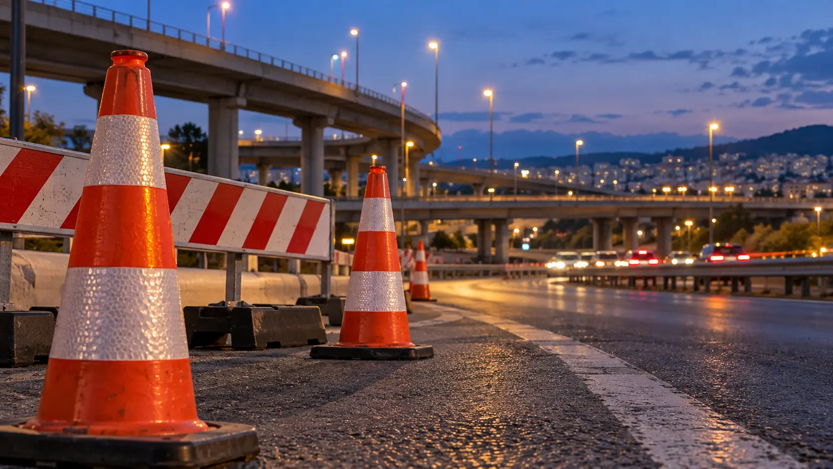 Reflective cones and a temporary barrier beside an urban road interchange at dusk