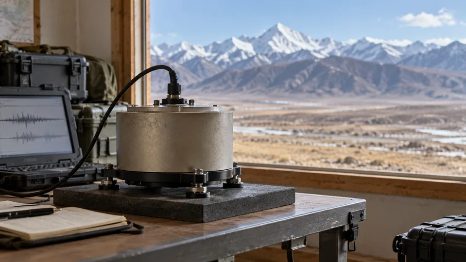 A seismological instrument at an observation station with mountains in the background