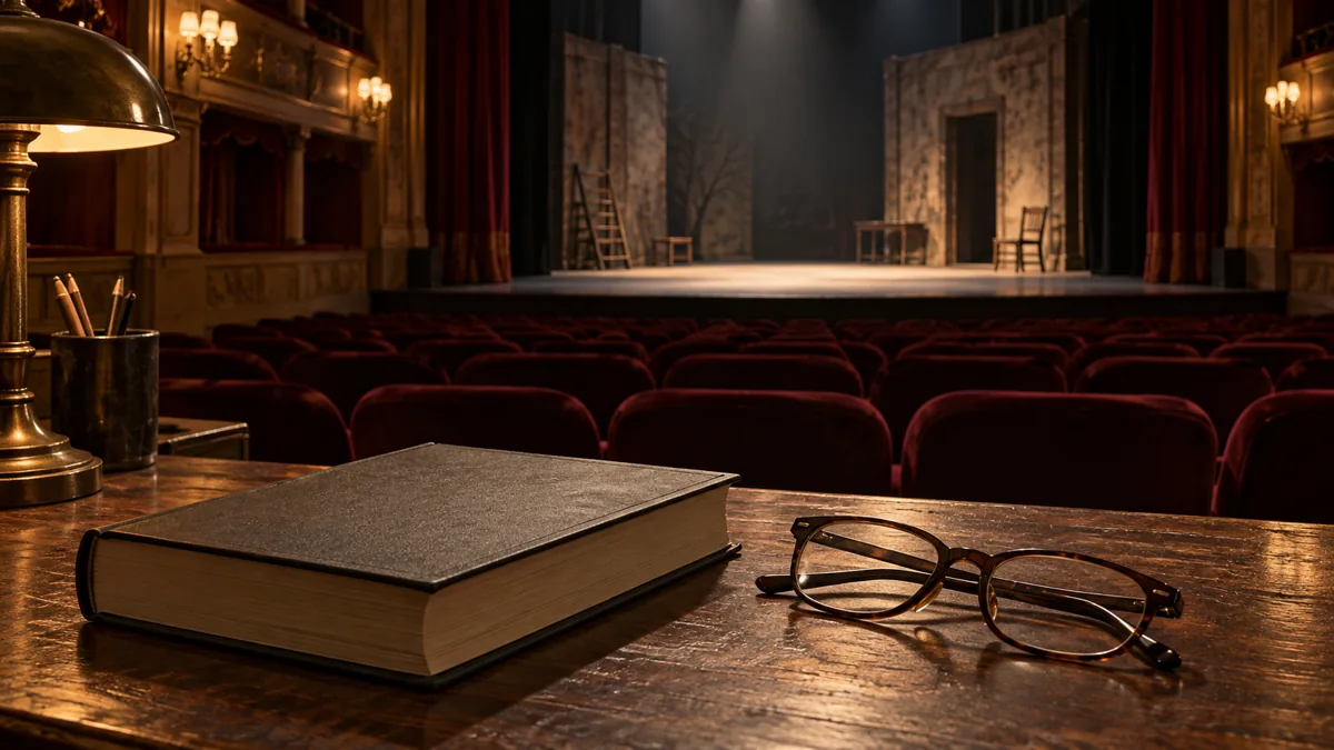 A book and reading glasses in front of an empty theatre stage