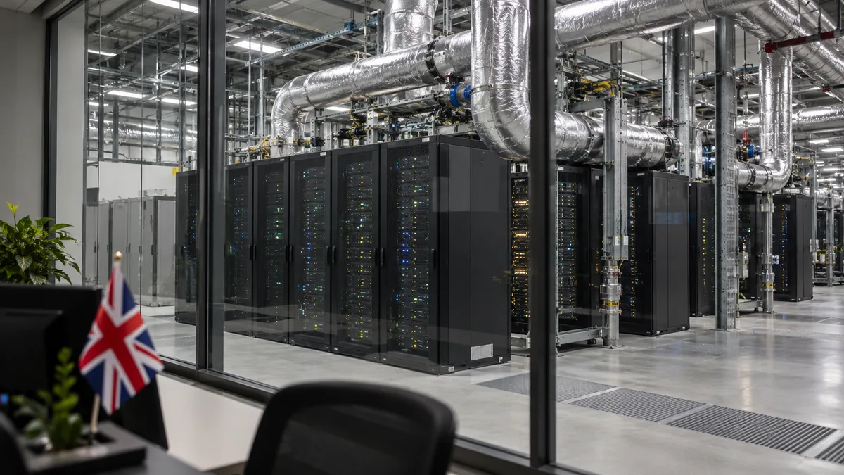 Server racks and cooling pipes behind a glass partition, with a British flag on a desk