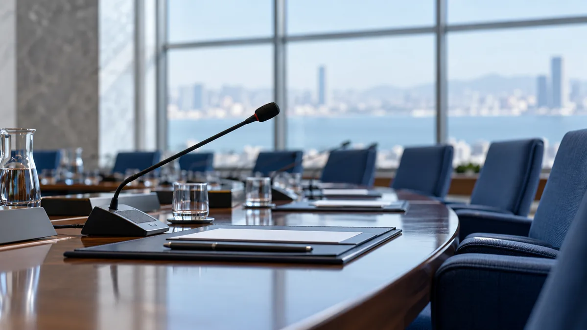 Microphone and empty seats in a diplomatic conference room