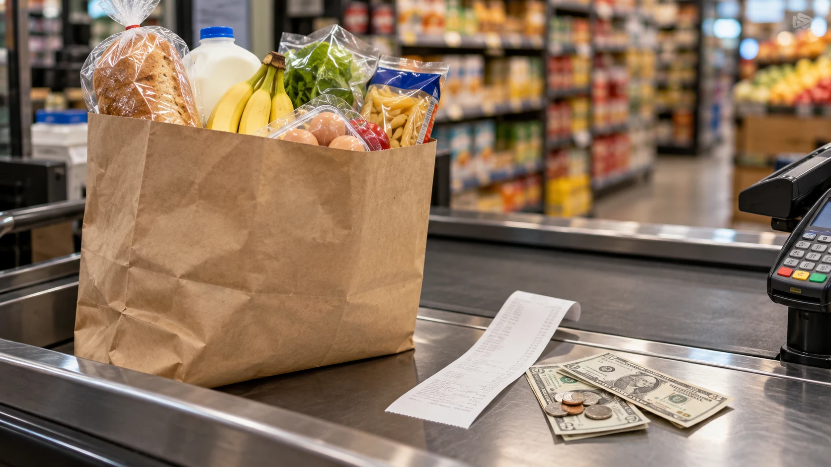 Groceries, a receipt and dollars at an American shop checkout