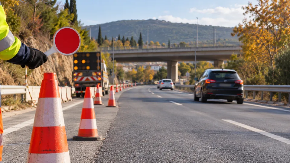 Roadwork cones and a portable stop paddle on a road near an overpass