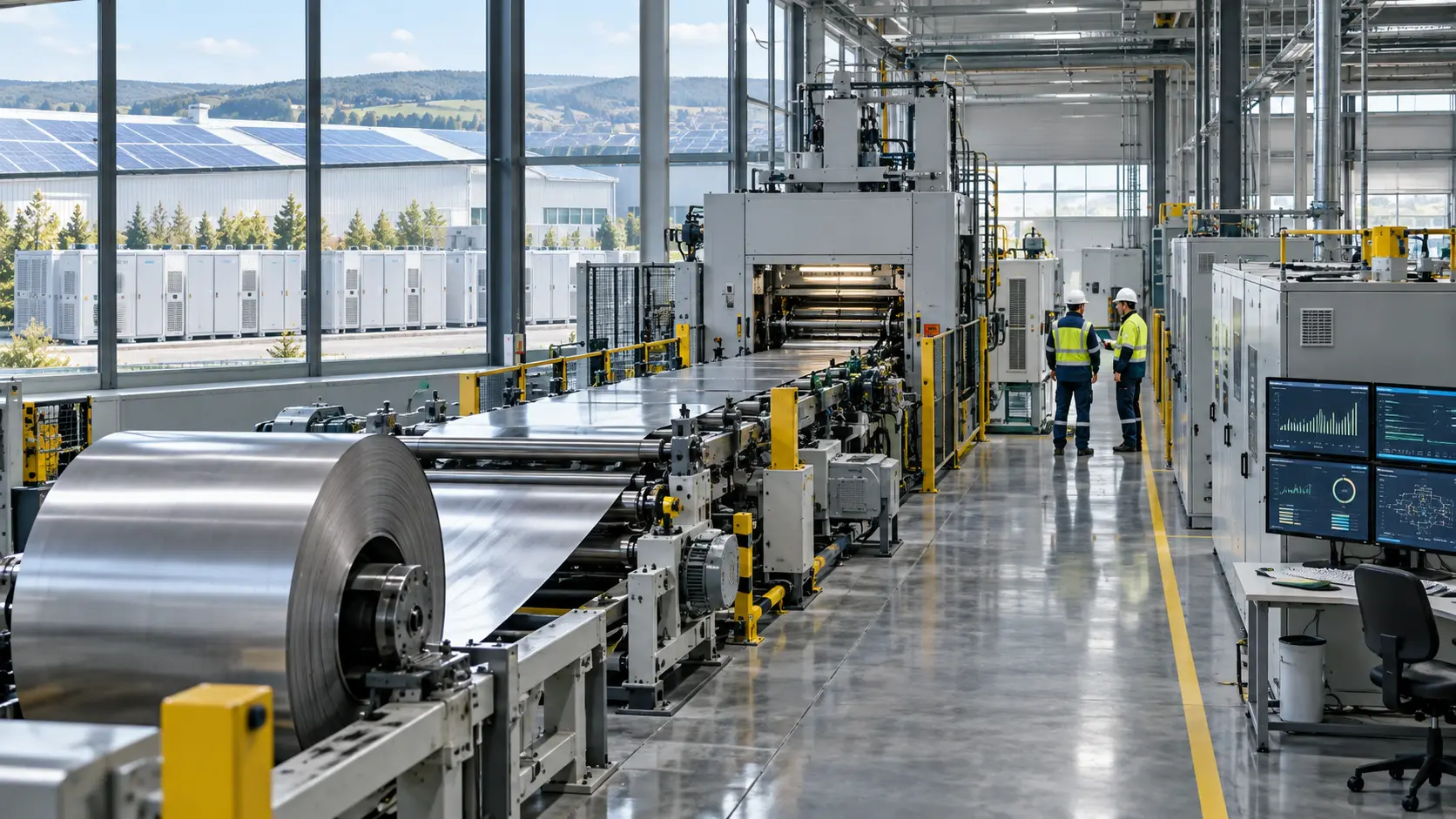 Modern production line with electrical equipment and solar panels