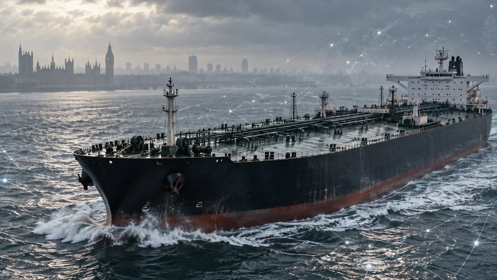 Oil tanker at sea with London in the distance and a subtle digital network