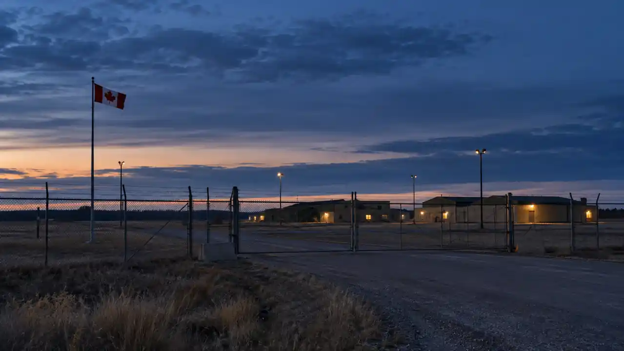 Canadian flag beside the fence of a generic military facility on a prairie landscape at dusk
