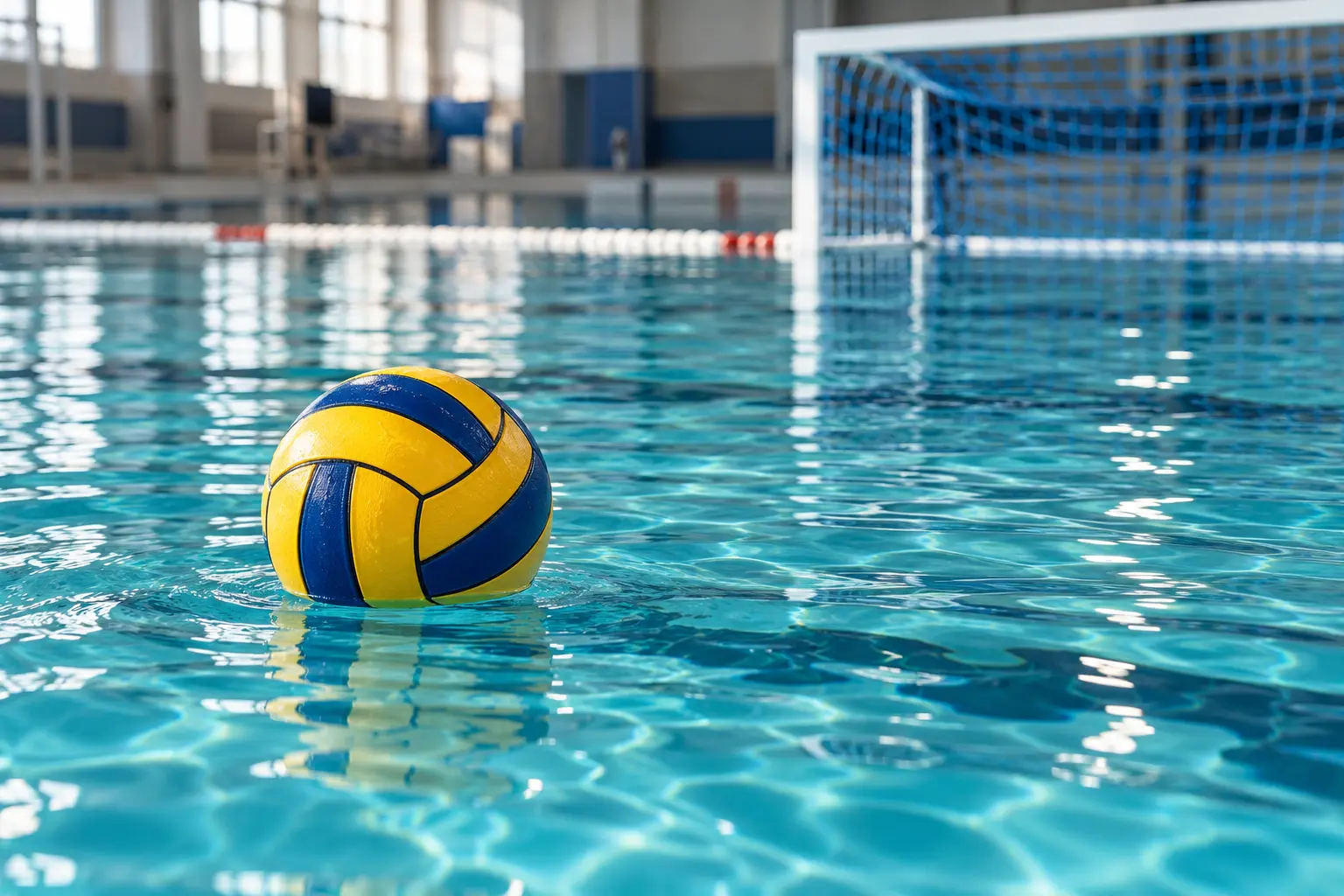 A yellow and blue water polo ball floating on a swimming pool