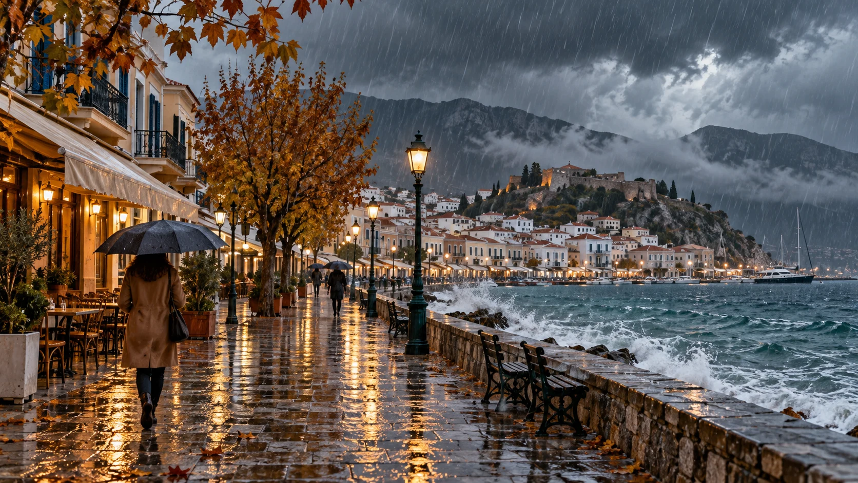 Wet street in a Greek coastal town beneath thick clouds