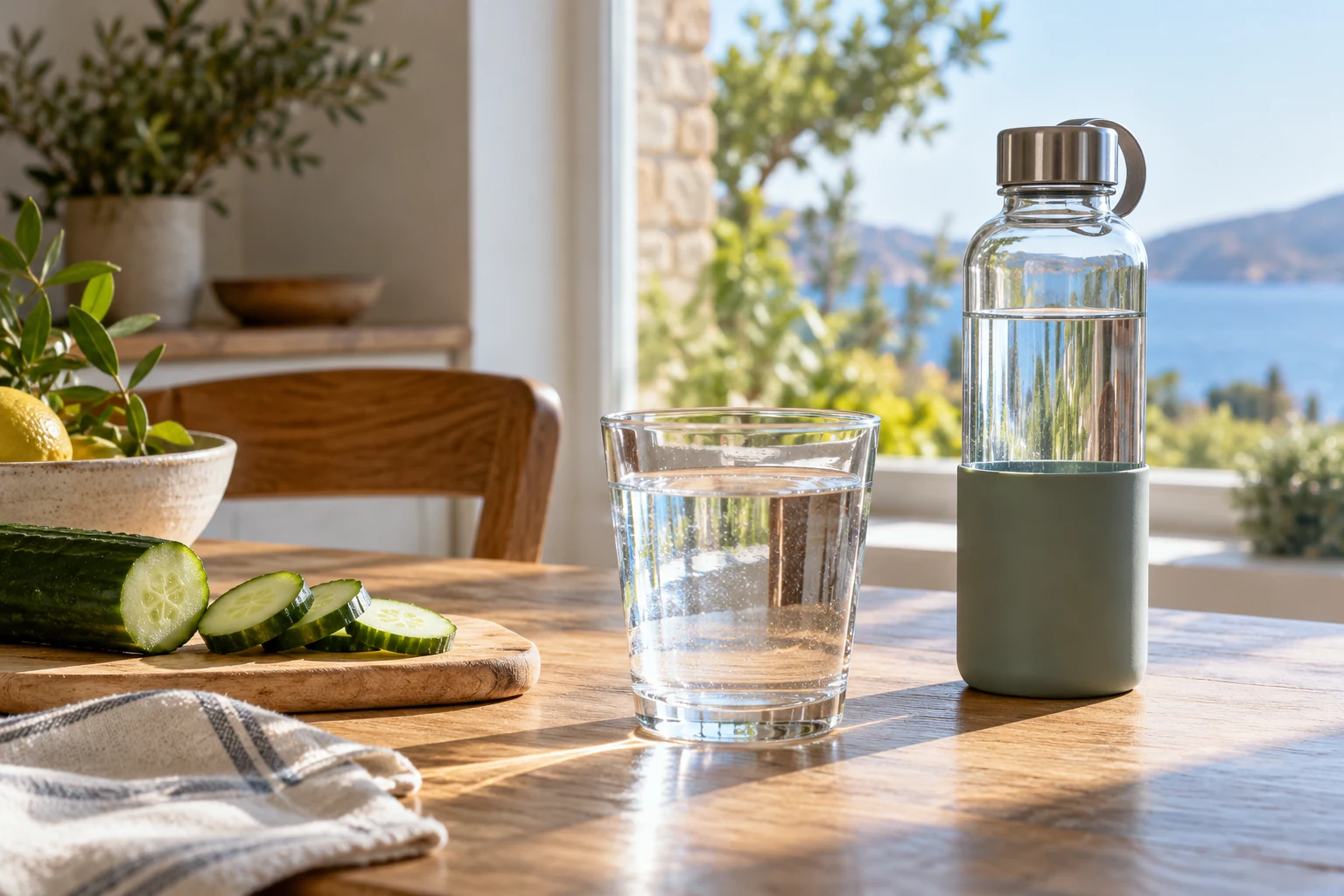 Glass of water and reusable bottle on a table