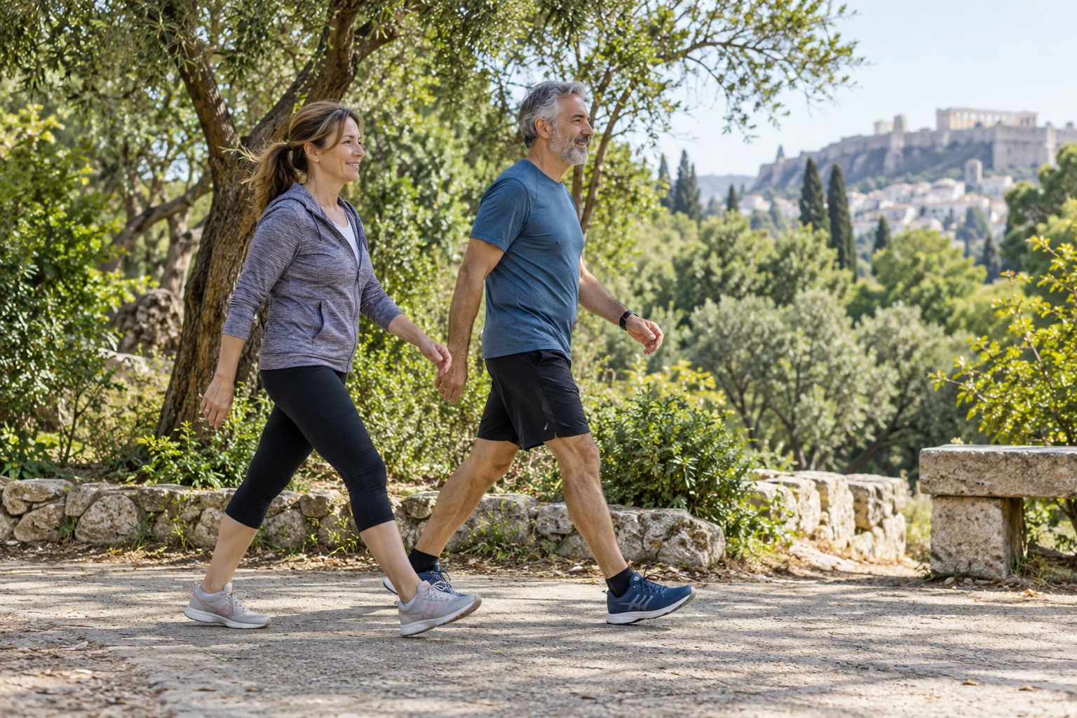 Two adults walking on a park path