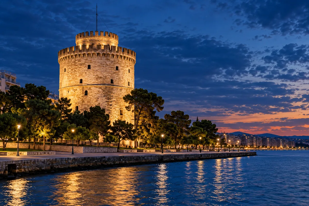The White Tower with illuminated stonework beside the sea at dusk