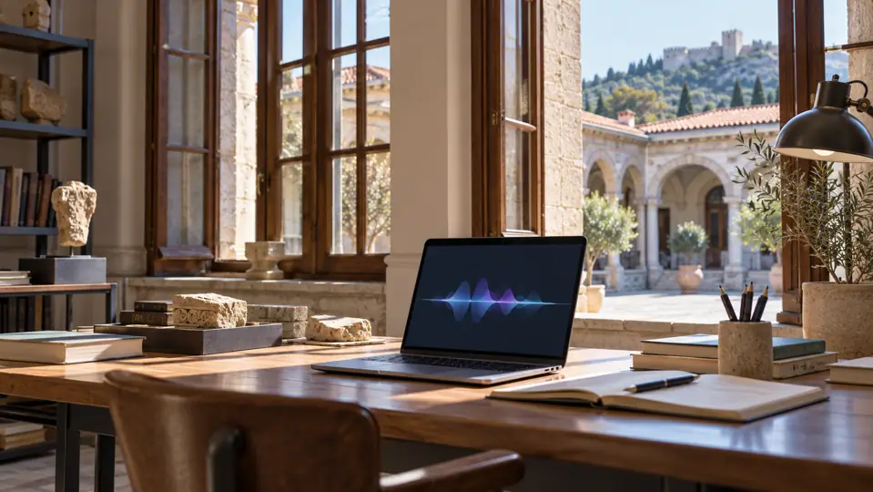 A research desk with a computer displaying an audio waveform in a generic neoclassical interior