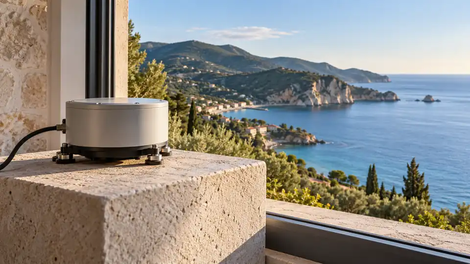 Seismic monitoring sensor beside a window overlooking a calm island coastline
