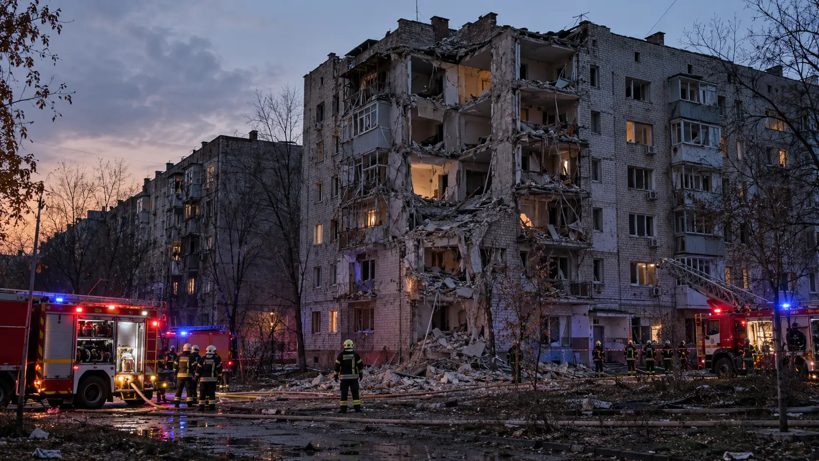 Damaged apartment building with fire engines and rescue crews at night
